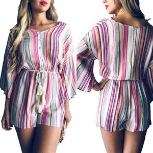 Rainbow Stripes Button Front Romper with Rope Belt